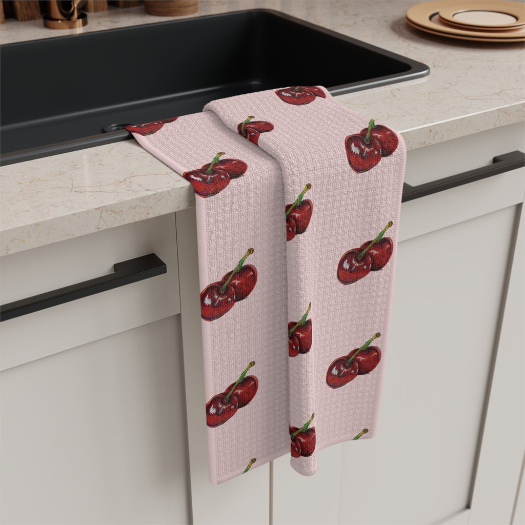Cherry Pattern Microfiber Tea Towel — Pink Retro Fruit Kitchen Towel