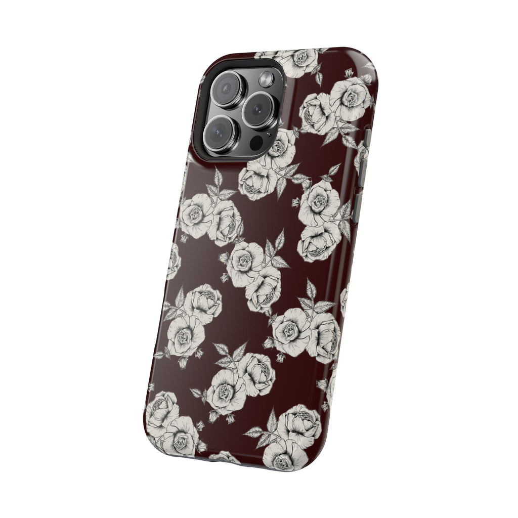 Rose Pattern Magnetic Impact-Resistant Phone Case — Burgundy Floral Protective Cover