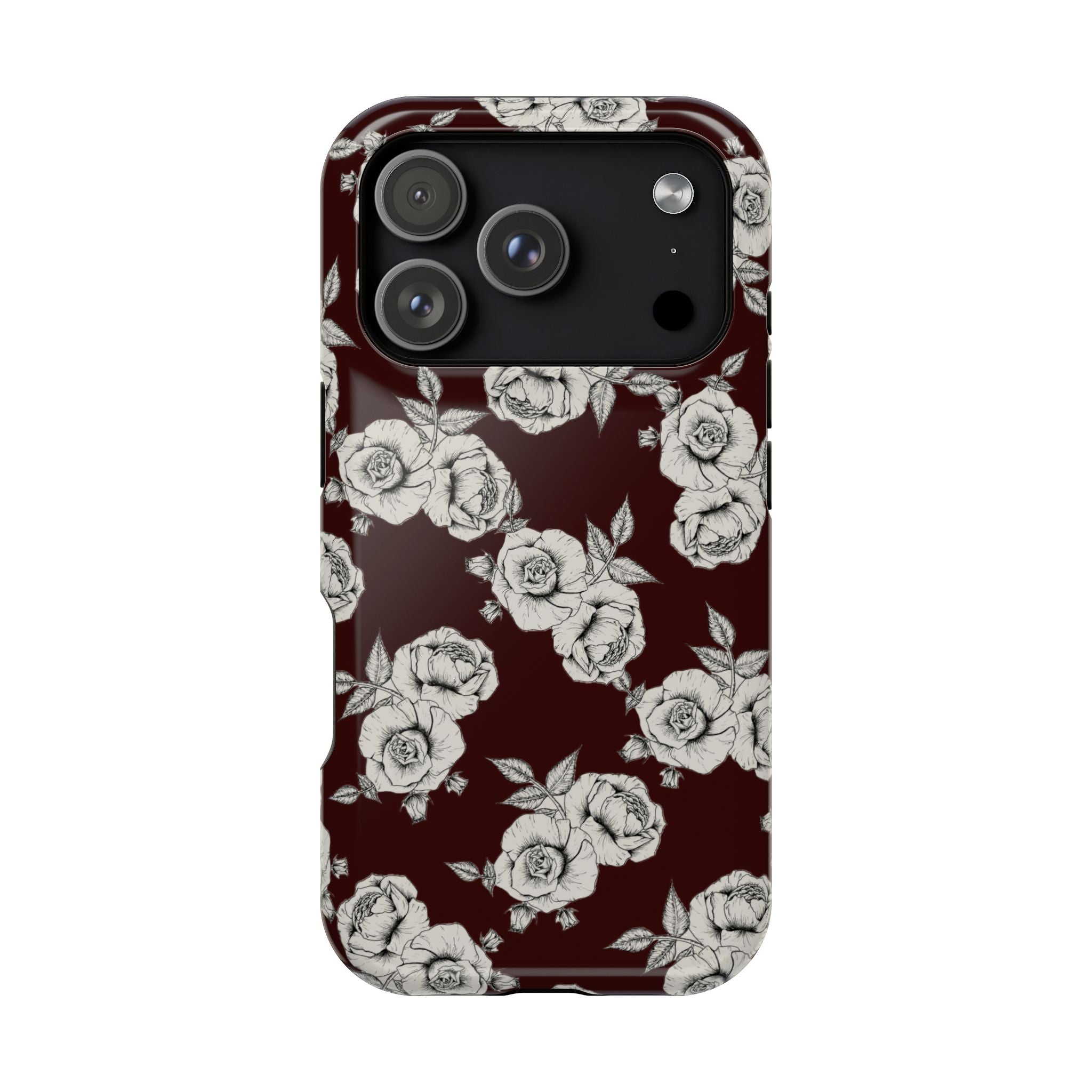 Rose Pattern Magnetic Impact-Resistant Phone Case — Burgundy Floral Protective Cover