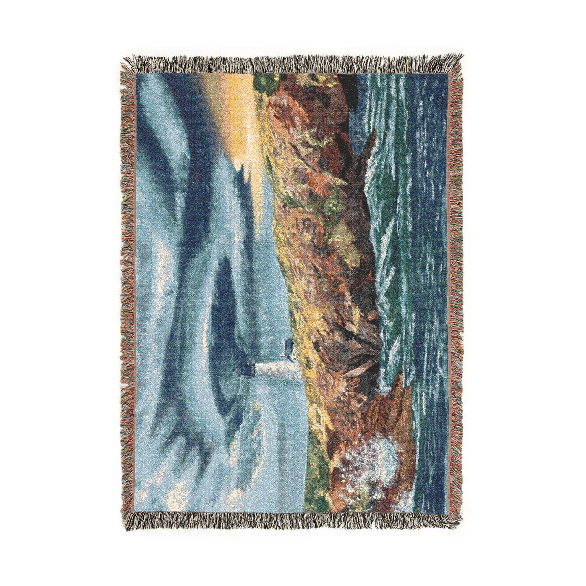 Lighthouse Coastal Woven Blanket — Nautical Throw for Living Room, Beach House & Gift