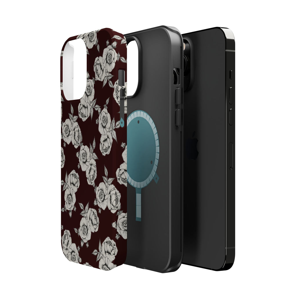 Rose Pattern Magnetic Impact-Resistant Phone Case — Burgundy Floral Protective Cover