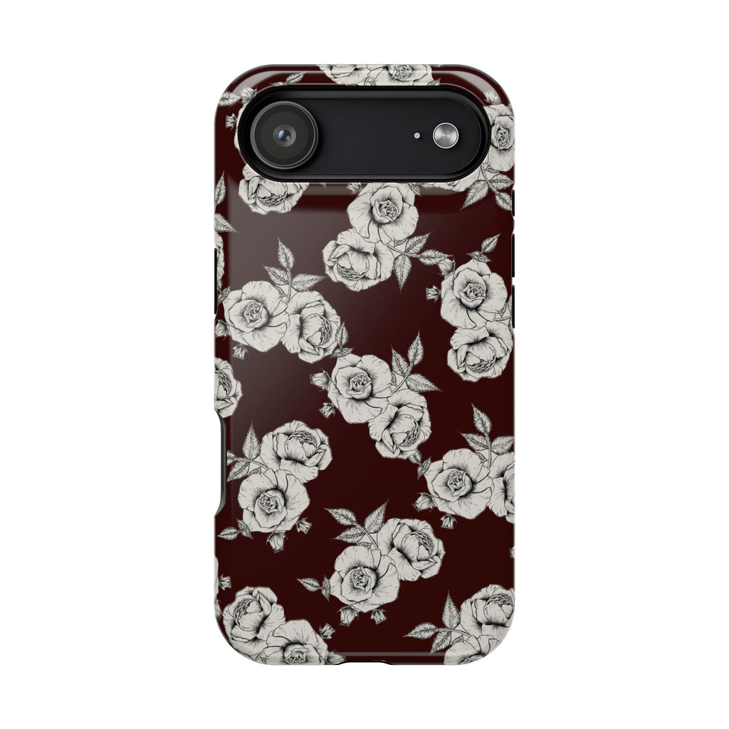 Rose Pattern Magnetic Impact-Resistant Phone Case — Burgundy Floral Protective Cover
