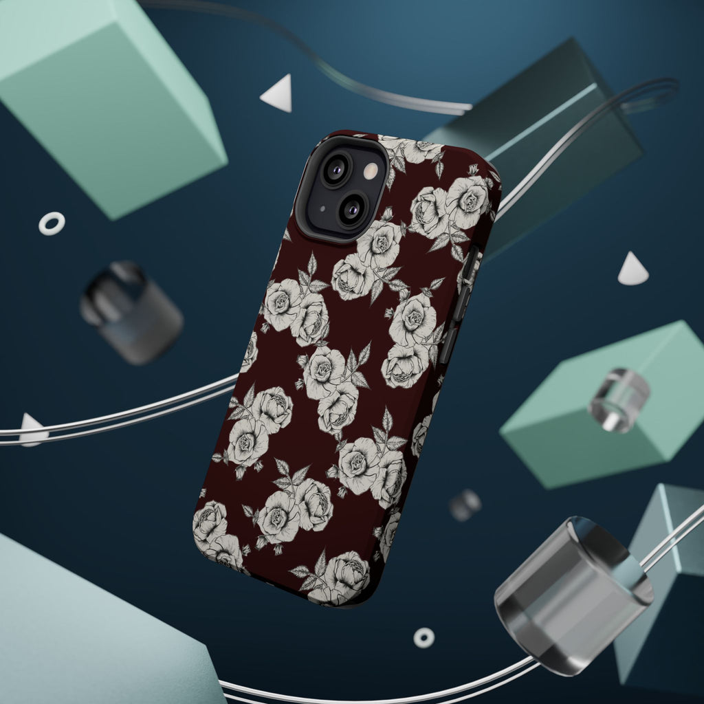 Rose Pattern Magnetic Impact-Resistant Phone Case — Burgundy Floral Protective Cover
