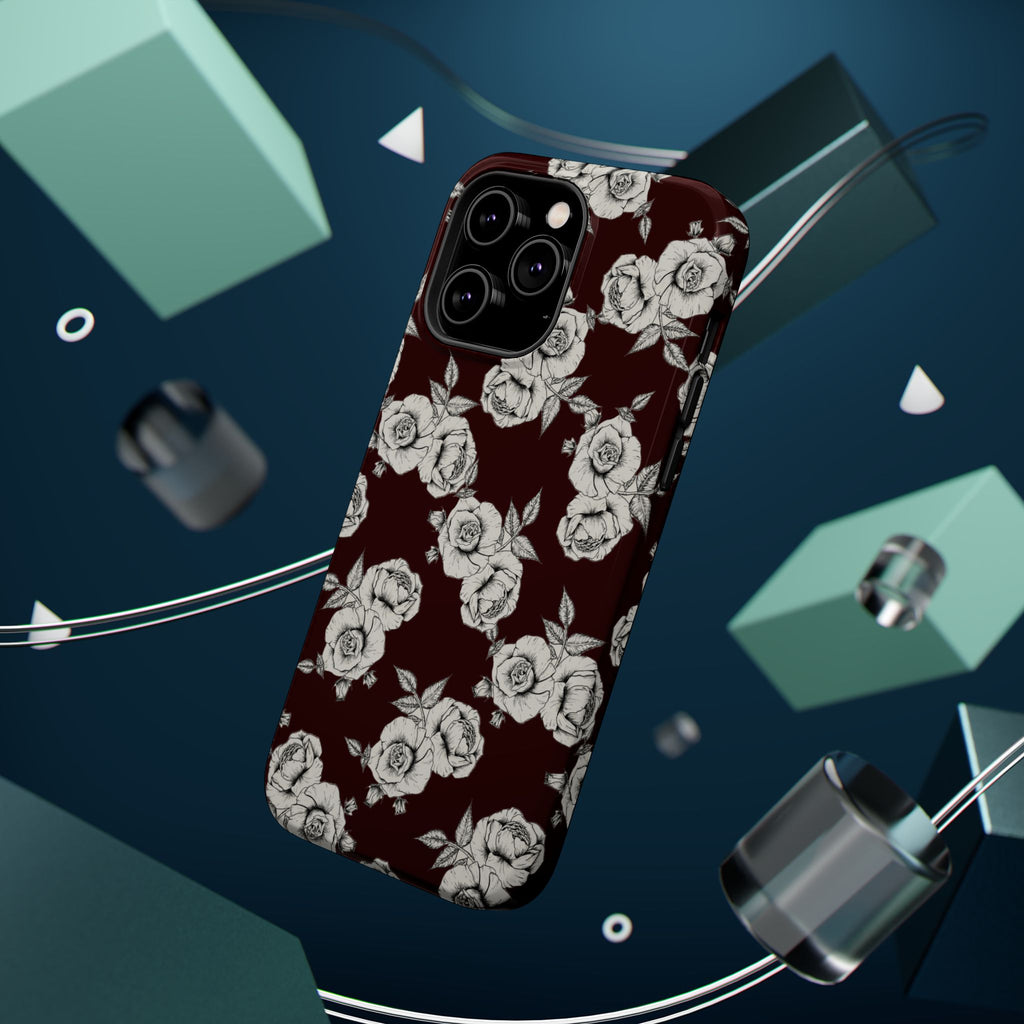 Rose Pattern Magnetic Impact-Resistant Phone Case — Burgundy Floral Protective Cover