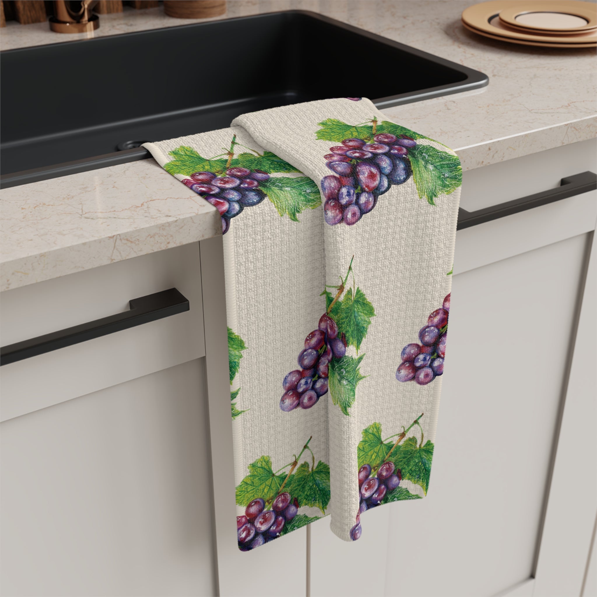 Microfiber Hand Drawn Grape Pattern Tea Towel — Vintage Vineyard Kitchen Towels