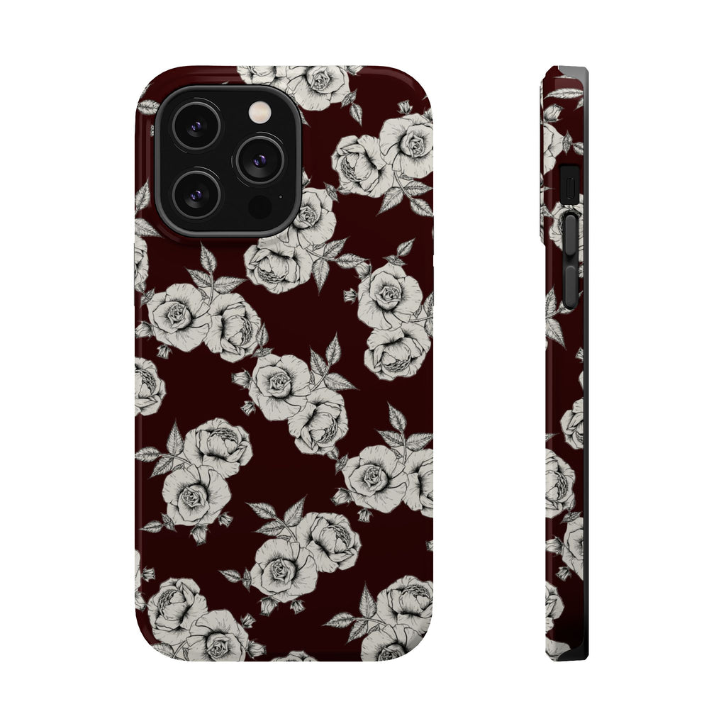 Rose Pattern Magnetic Impact-Resistant Phone Case — Burgundy Floral Protective Cover
