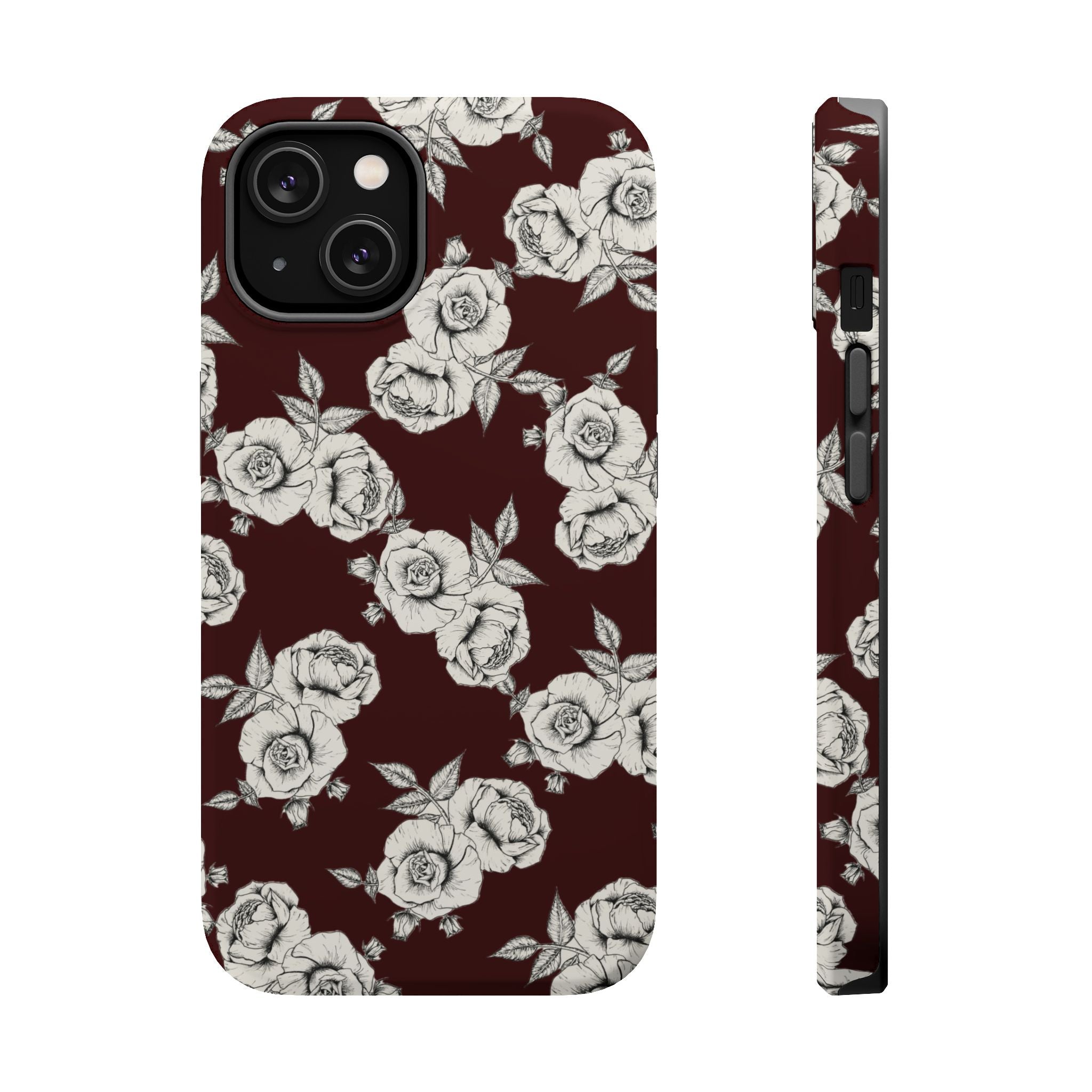 Rose Pattern Magnetic Impact-Resistant Phone Case — Burgundy Floral Protective Cover