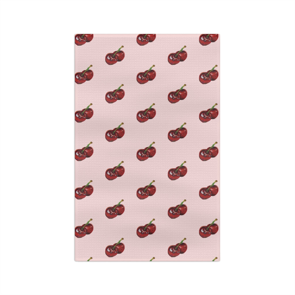 Cherry Pattern Microfiber Tea Towel — Pink Retro Fruit Kitchen Towel