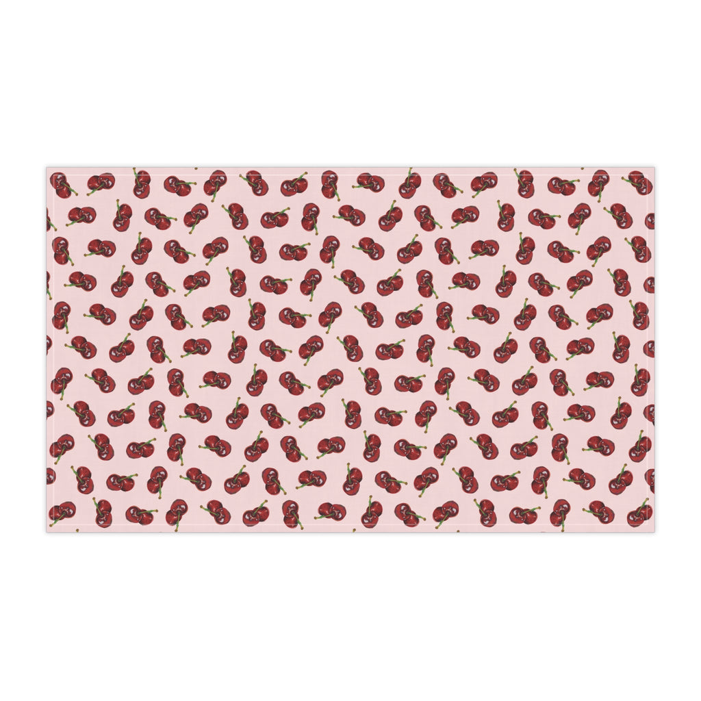 Cotton Twill Cherry Pattern Tea Towel — Pink Cotton Kitchen Towel with Red Cherry Print