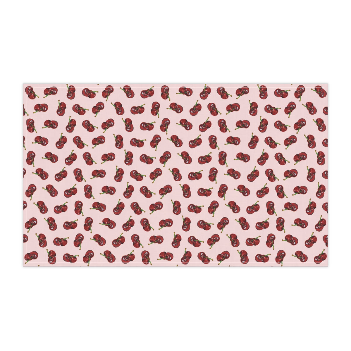 Cotton Twill Cherry Pattern Tea Towel — Pink Cotton Kitchen Towel with Red Cherry Print