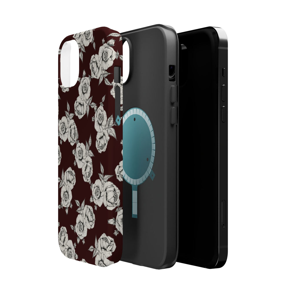Rose Pattern Magnetic Impact-Resistant Phone Case — Burgundy Floral Protective Cover