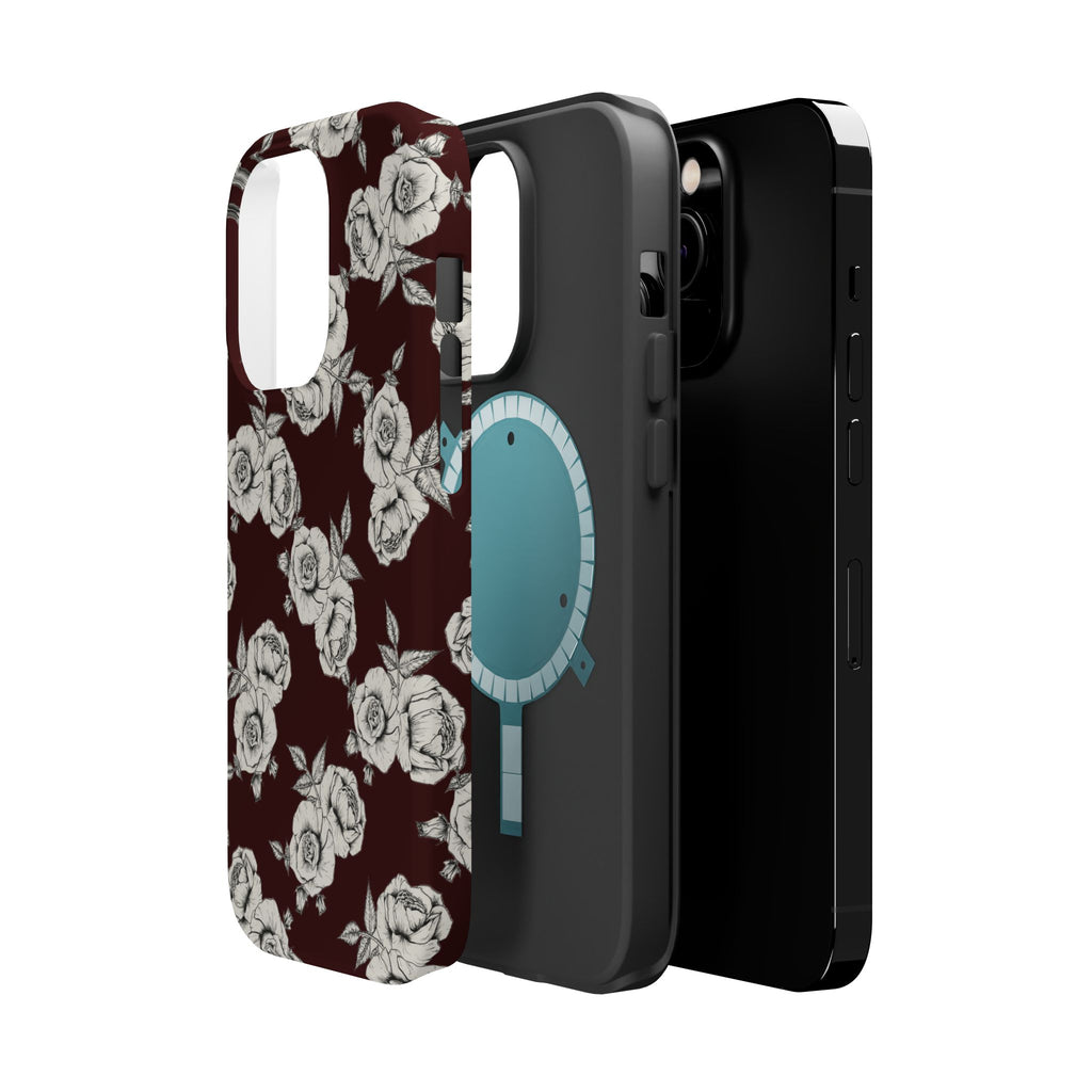 Rose Pattern Magnetic Impact-Resistant Phone Case — Burgundy Floral Protective Cover