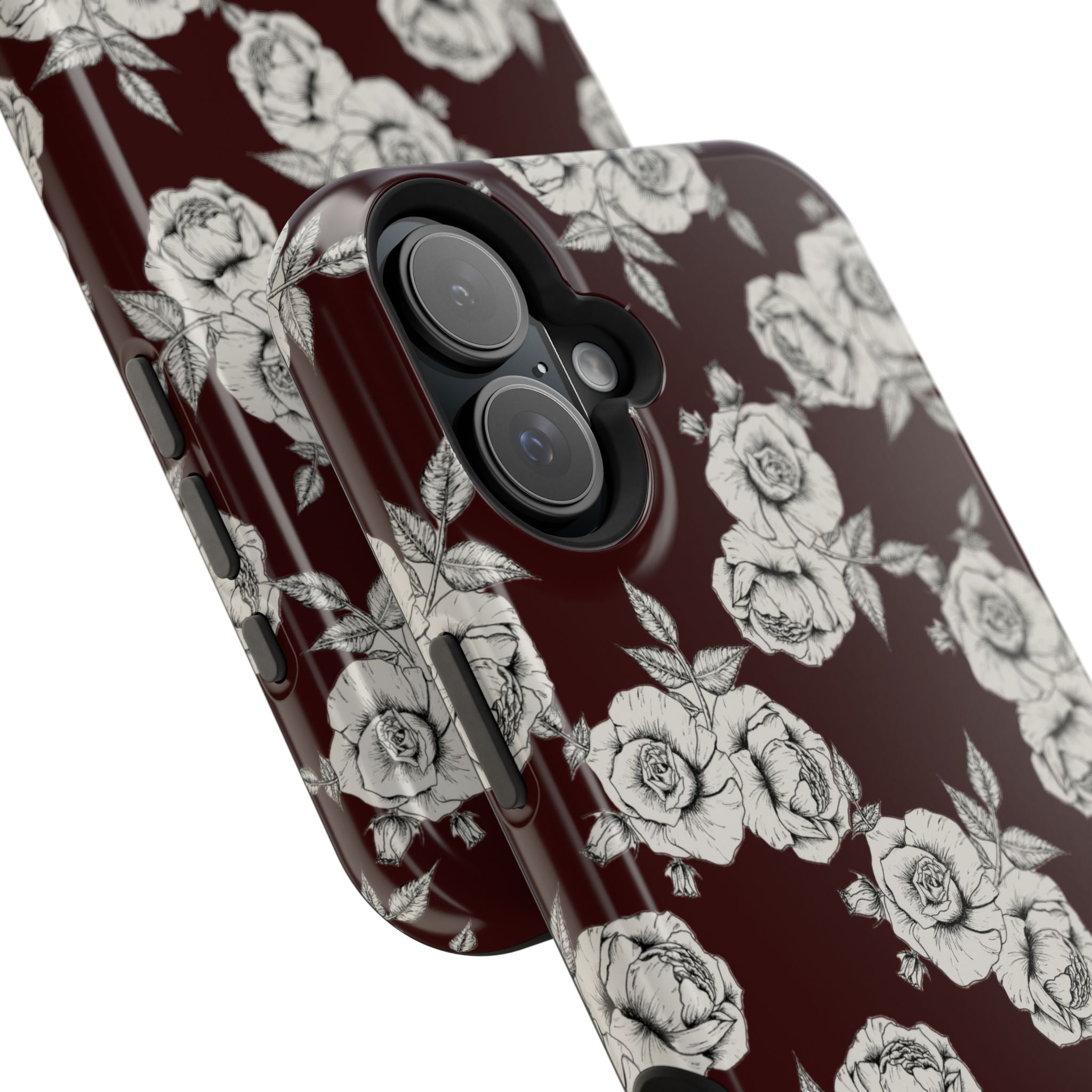 Rose Pattern Magnetic Impact-Resistant Phone Case — Burgundy Floral Protective Cover