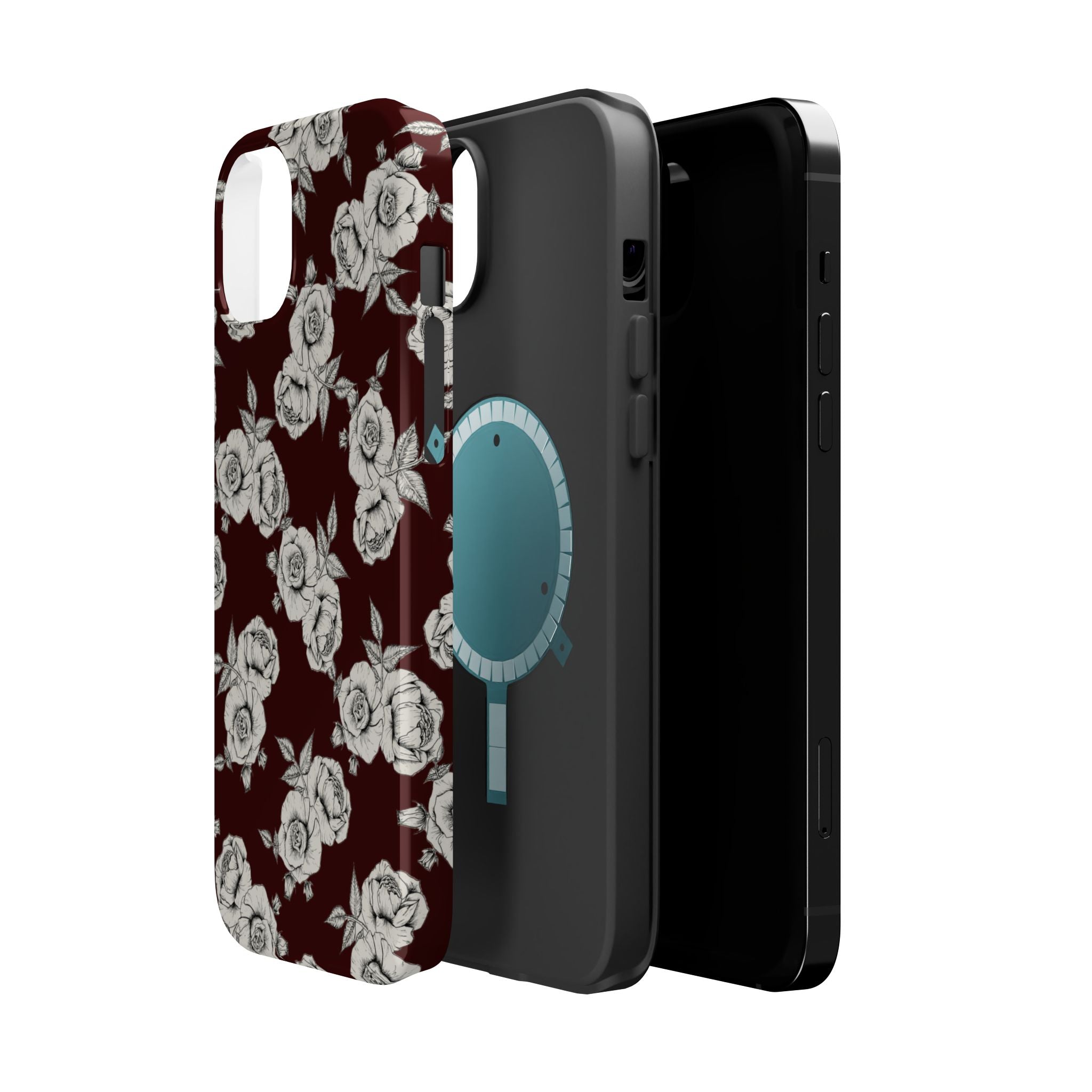 Rose Pattern Magnetic Impact-Resistant Phone Case — Burgundy Floral Protective Cover