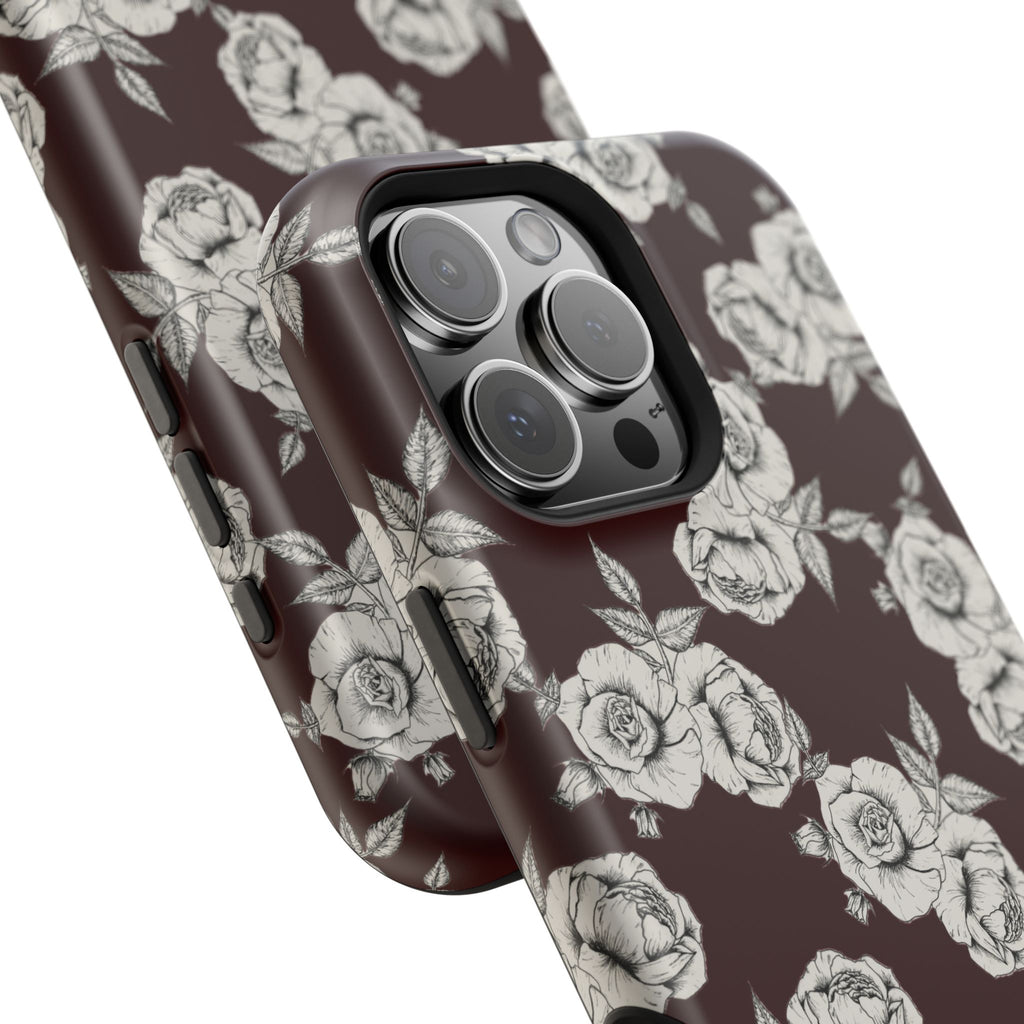 Rose Pattern Magnetic Impact-Resistant Phone Case — Burgundy Floral Protective Cover