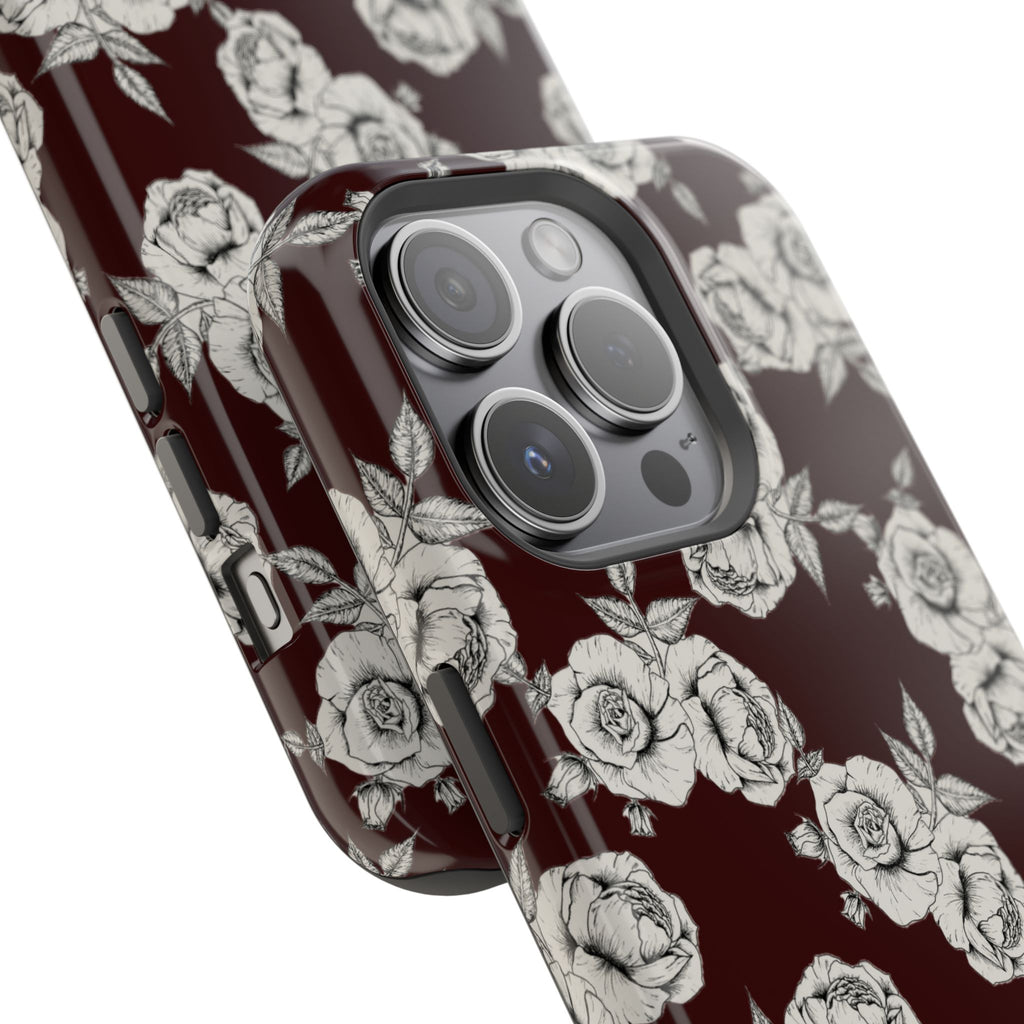 Rose Pattern Magnetic Impact-Resistant Phone Case — Burgundy Floral Protective Cover