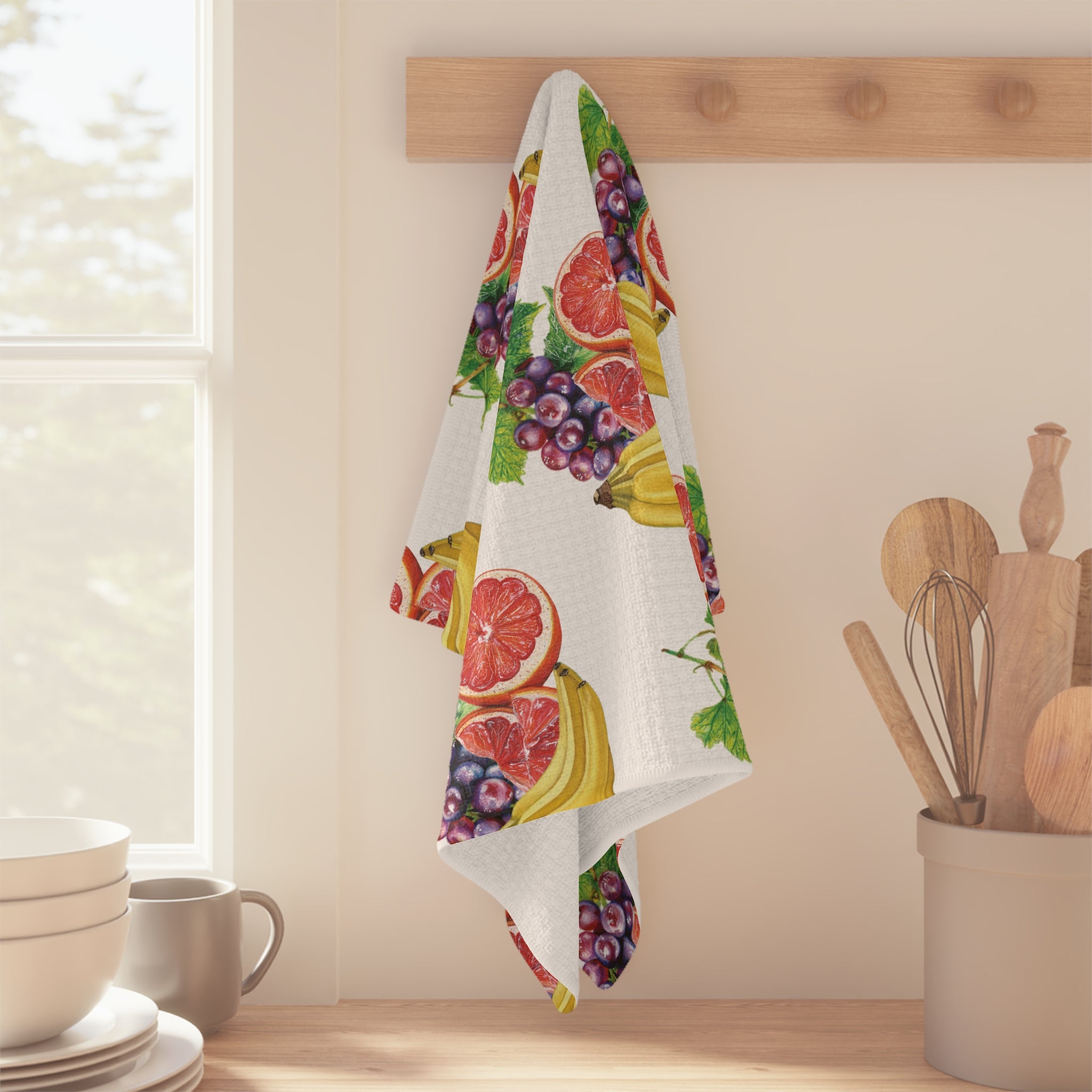 Fruit Pattern Microfiber Tea Towel — Grapefruit, Banana & Grape Kitchen Towel