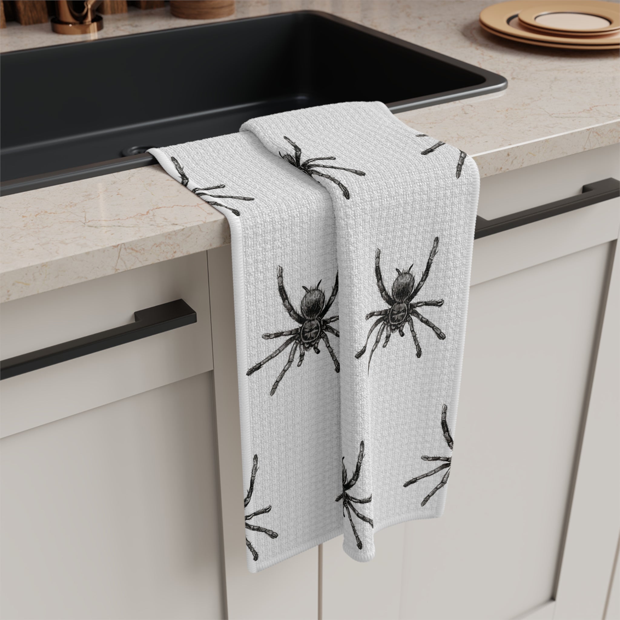 Spider Pattern Tea Towel — Black Arachnid Microfiber Kitchen Towel