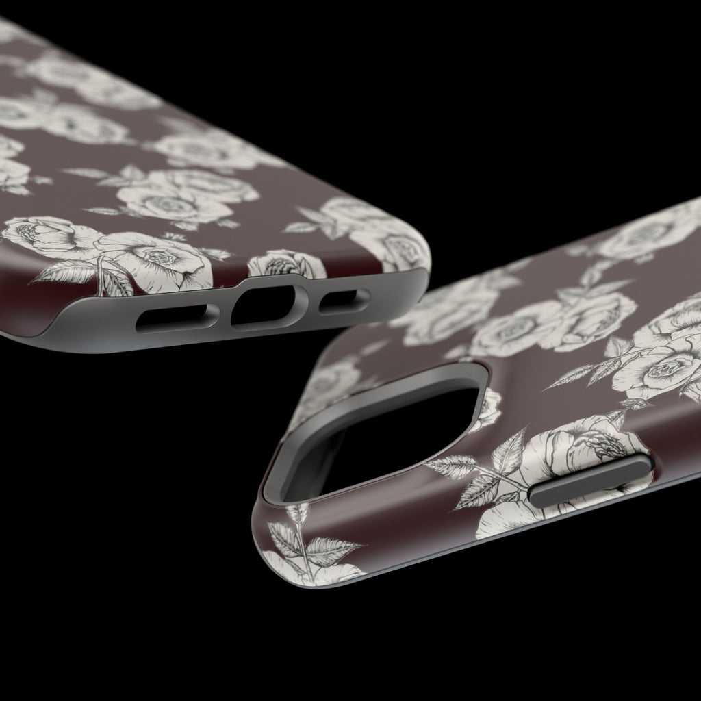 Rose Pattern Magnetic Impact-Resistant Phone Case — Burgundy Floral Protective Cover