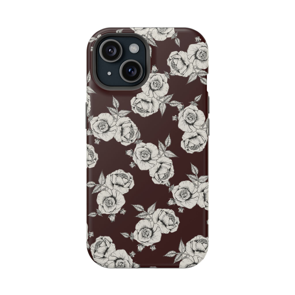 Rose Pattern Magnetic Impact-Resistant Phone Case — Burgundy Floral Protective Cover