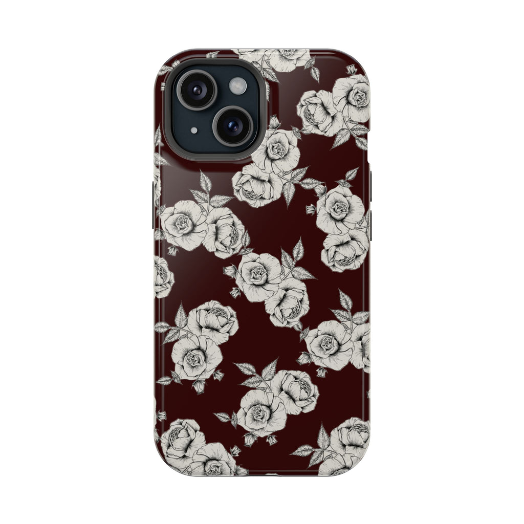 Rose Pattern Magnetic Impact-Resistant Phone Case — Burgundy Floral Protective Cover