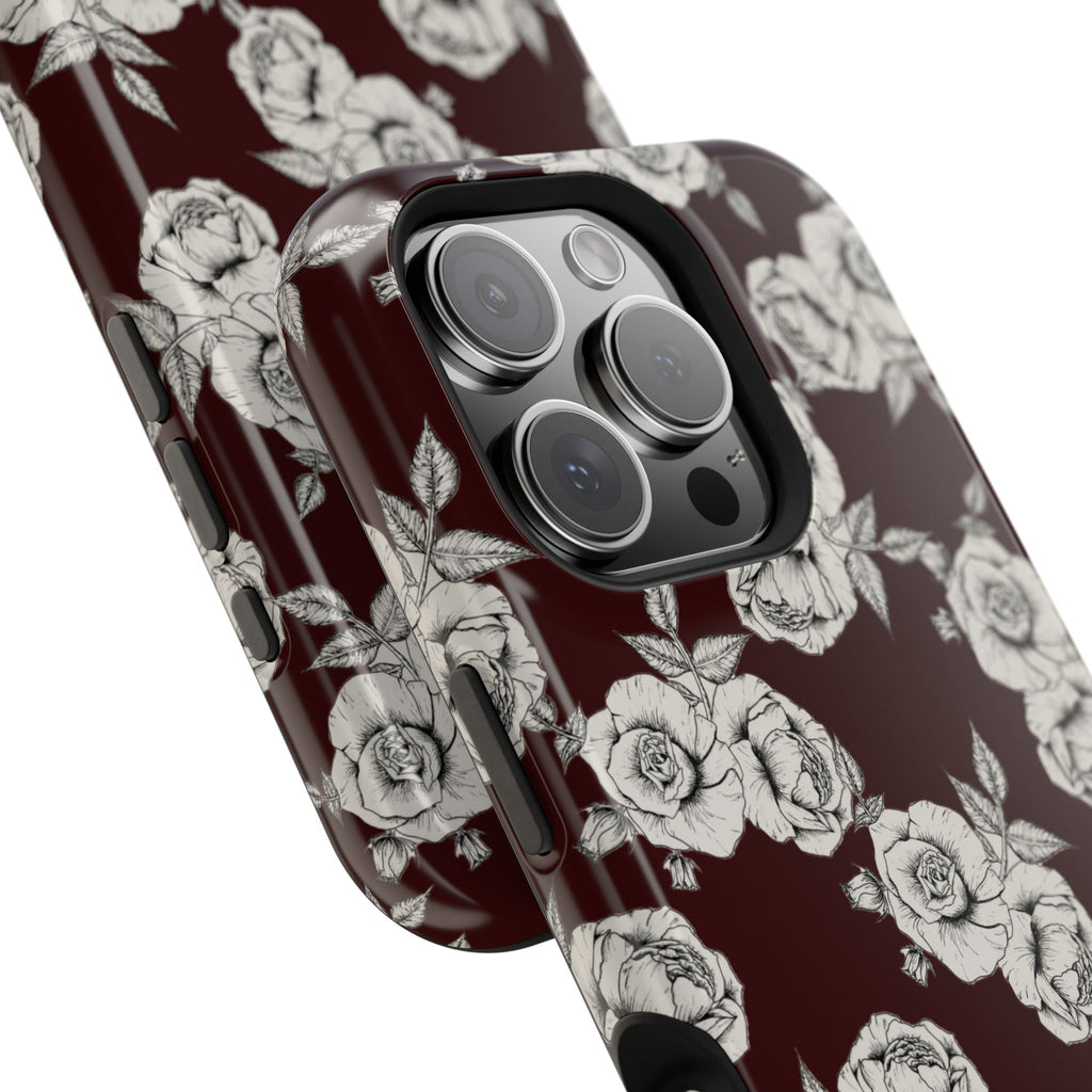 Rose Pattern Magnetic Impact-Resistant Phone Case — Burgundy Floral Protective Cover