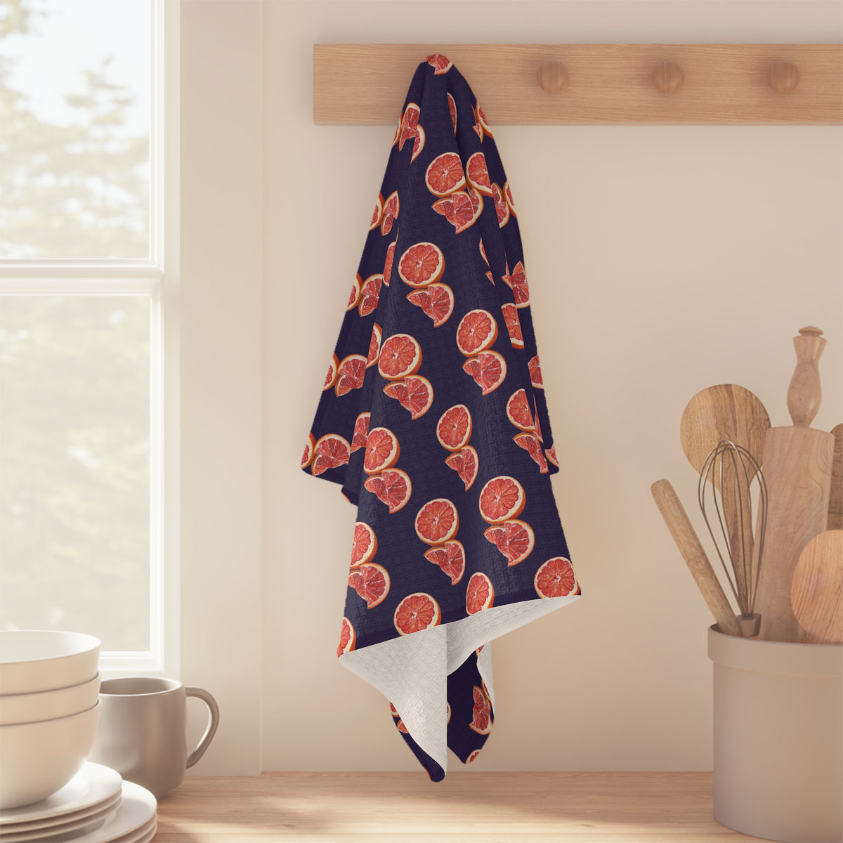 Absorbent Grapefruit Pattern Microfiber Tea Towel — Citrus Kitchen Towel (Navy Background)
