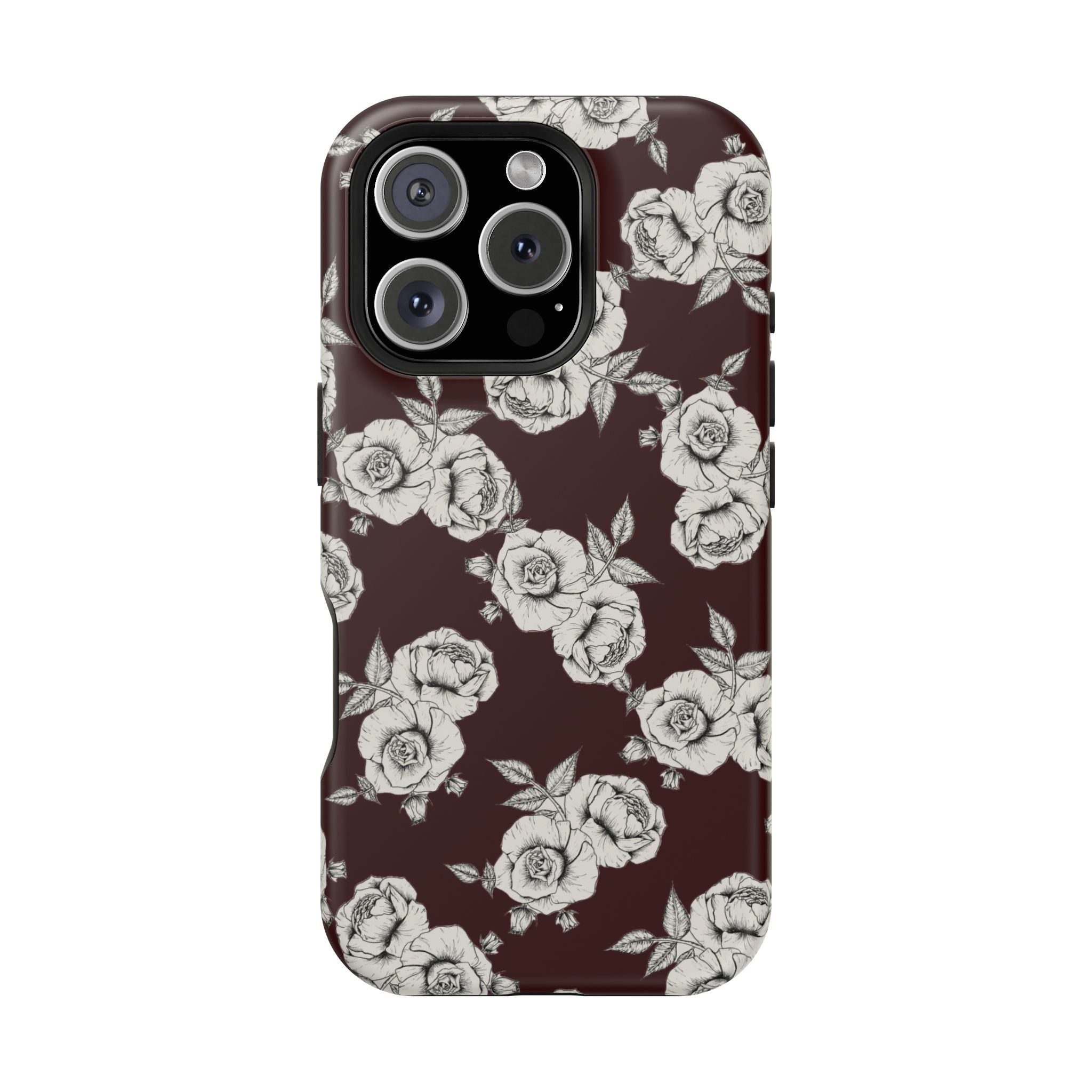 Rose Pattern Magnetic Impact-Resistant Phone Case — Burgundy Floral Protective Cover