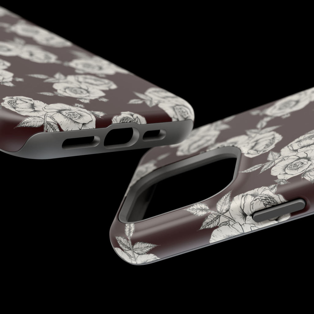 Rose Pattern Magnetic Impact-Resistant Phone Case — Burgundy Floral Protective Cover