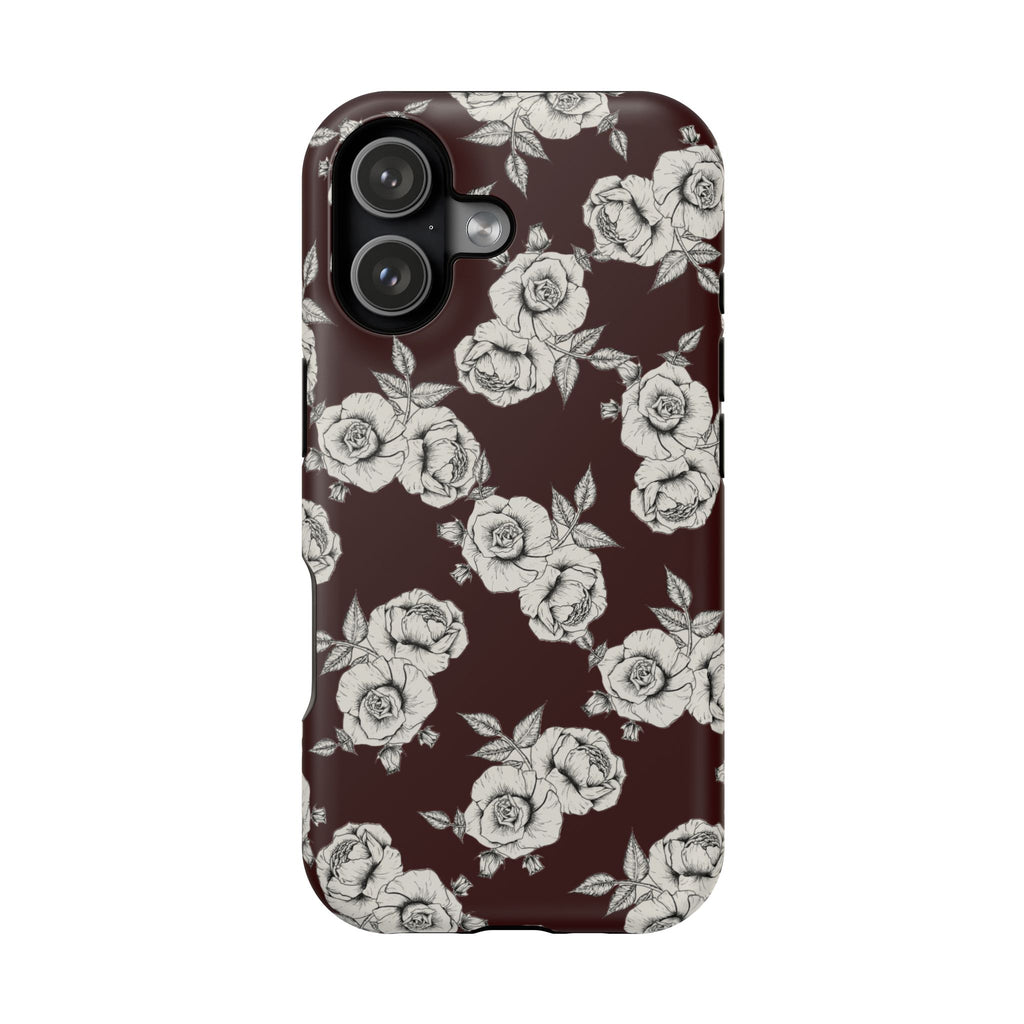 Rose Pattern Magnetic Impact-Resistant Phone Case — Burgundy Floral Protective Cover