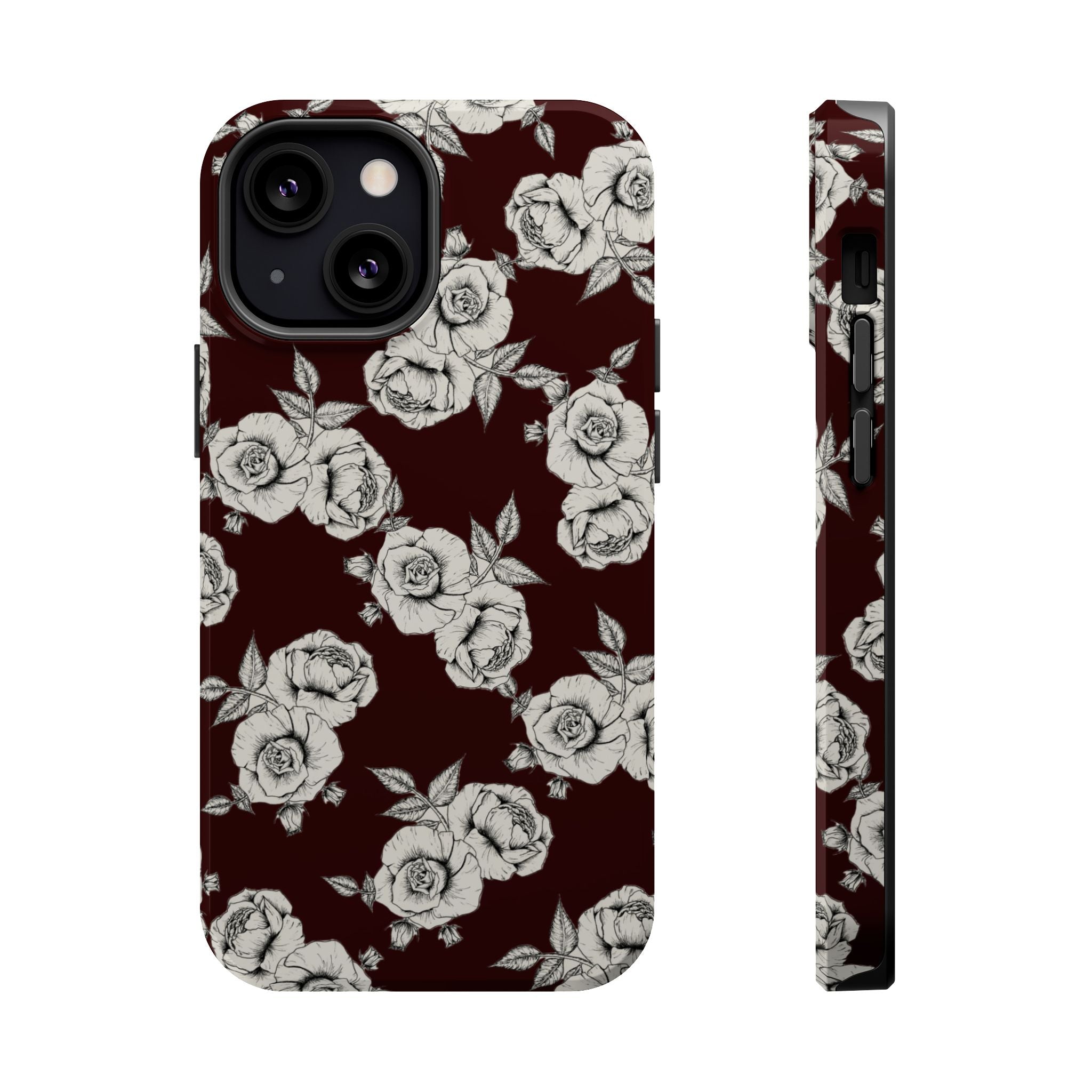 Rose Pattern Magnetic Impact-Resistant Phone Case — Burgundy Floral Protective Cover