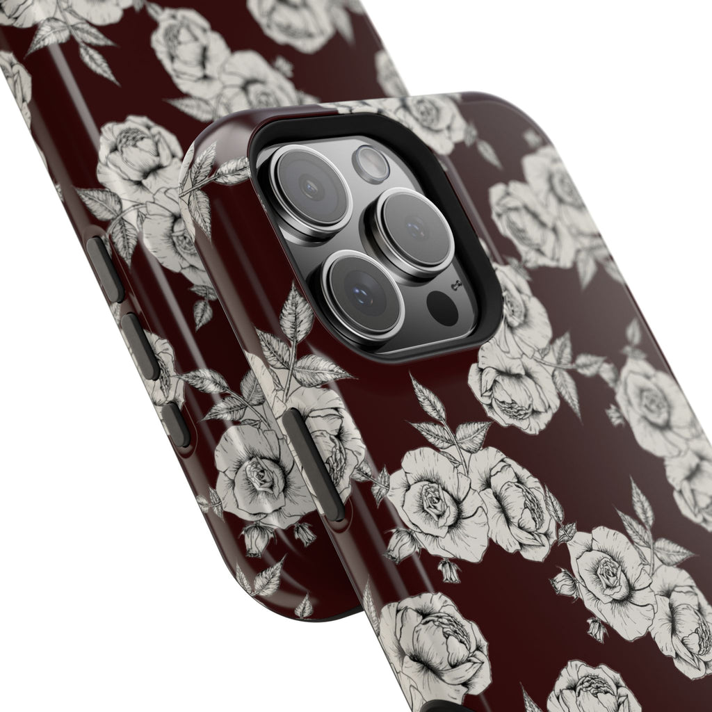 Rose Pattern Magnetic Impact-Resistant Phone Case — Burgundy Floral Protective Cover