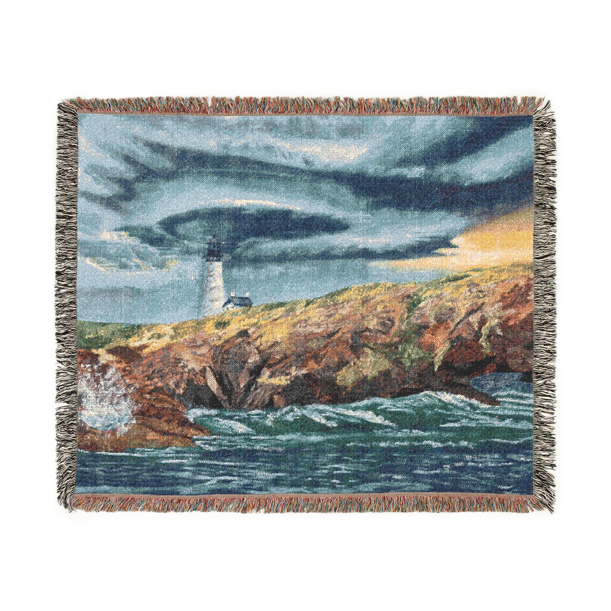 Lighthouse Coastal Woven Blanket — Nautical Throw for Living Room, Beach House & Gift