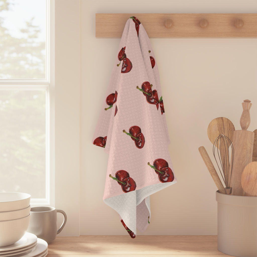 Cherry Pattern Microfiber Tea Towel — Pink Retro Fruit Kitchen Towel