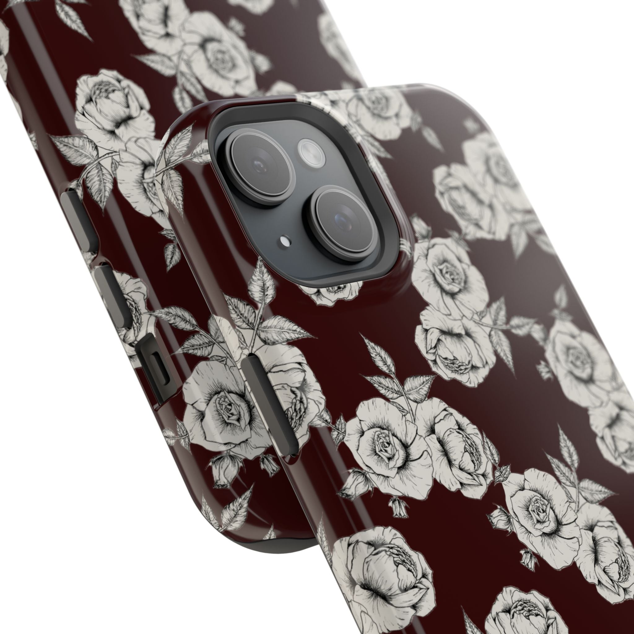 Rose Pattern Magnetic Impact-Resistant Phone Case — Burgundy Floral Protective Cover
