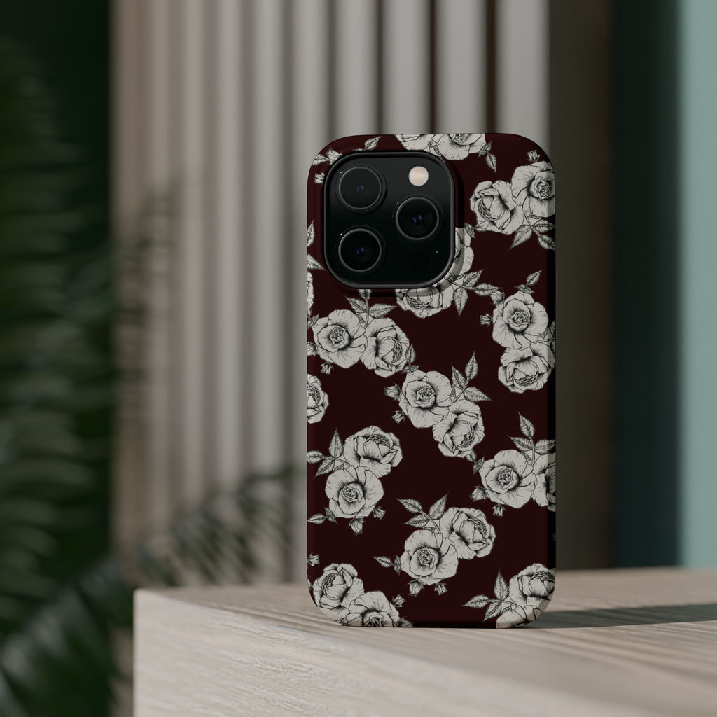Rose Pattern Magnetic Impact-Resistant Phone Case — Burgundy Floral Protective Cover