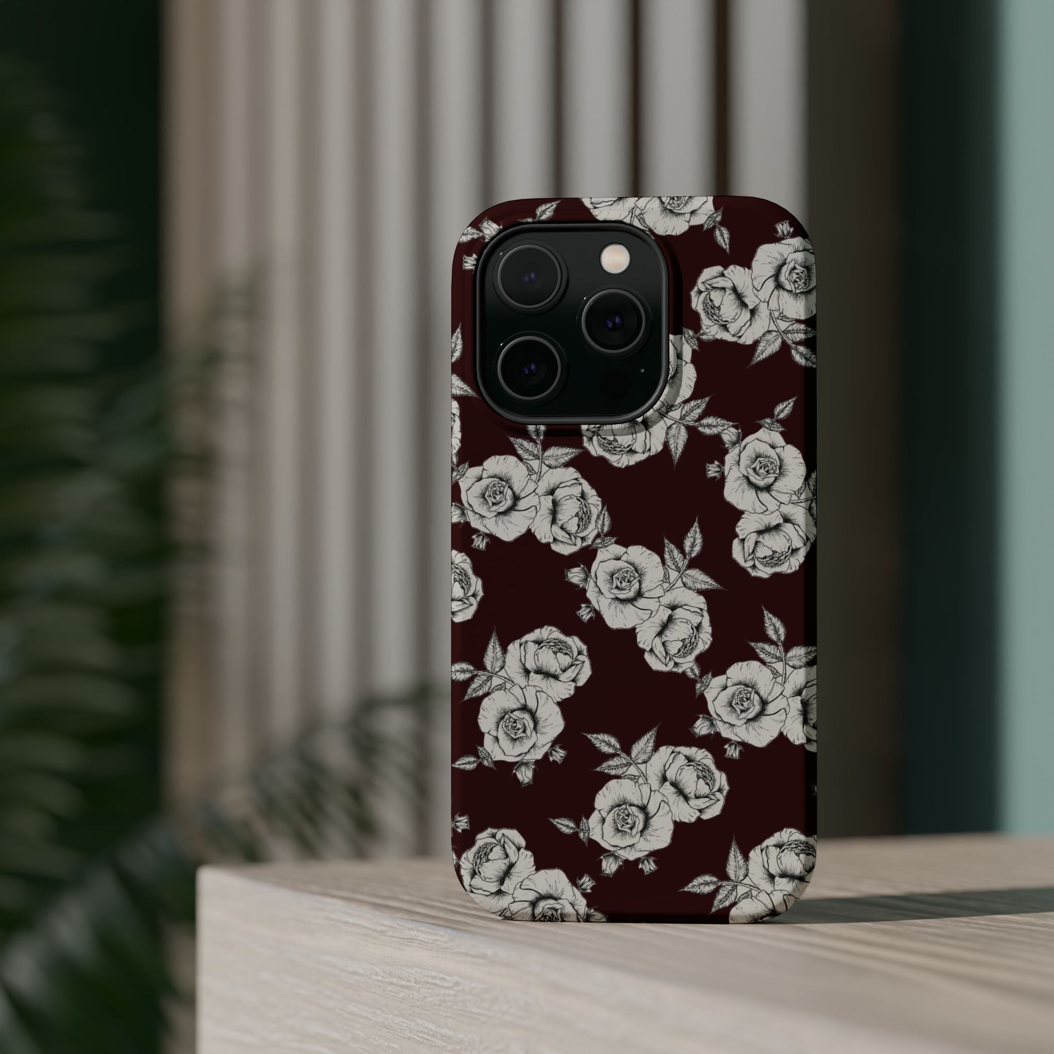 Rose Pattern Magnetic Impact-Resistant Phone Case — Burgundy Floral Protective Cover