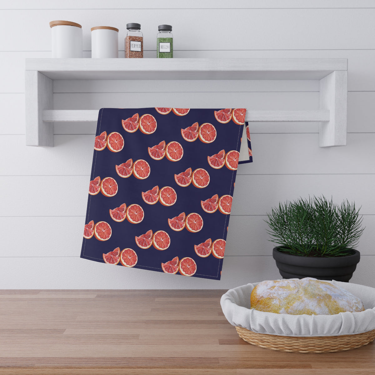 Cotton Twill Grapefruit Pattern Tea Towel — Citrus Kitchen Towel (Navy Background)
