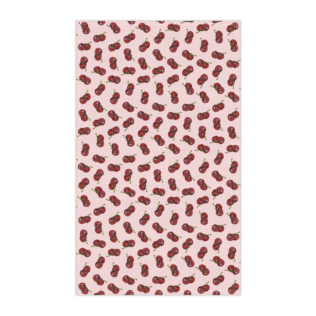 Cotton Twill Cherry Pattern Tea Towel — Pink Cotton Kitchen Towel with Red Cherry Print