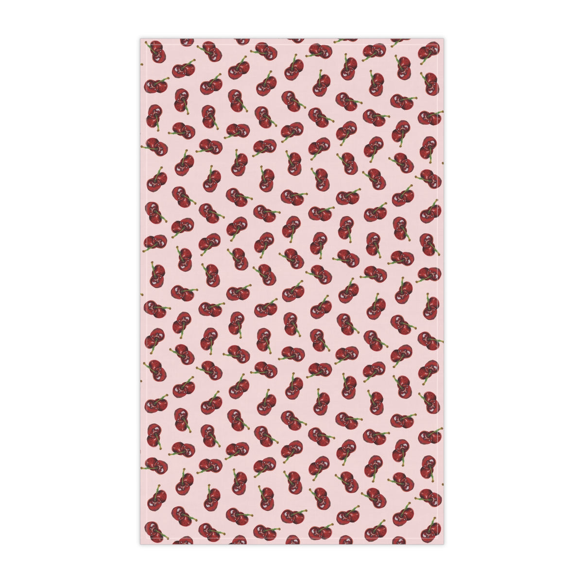 Cotton Twill Cherry Pattern Tea Towel — Pink Cotton Kitchen Towel with Red Cherry Print