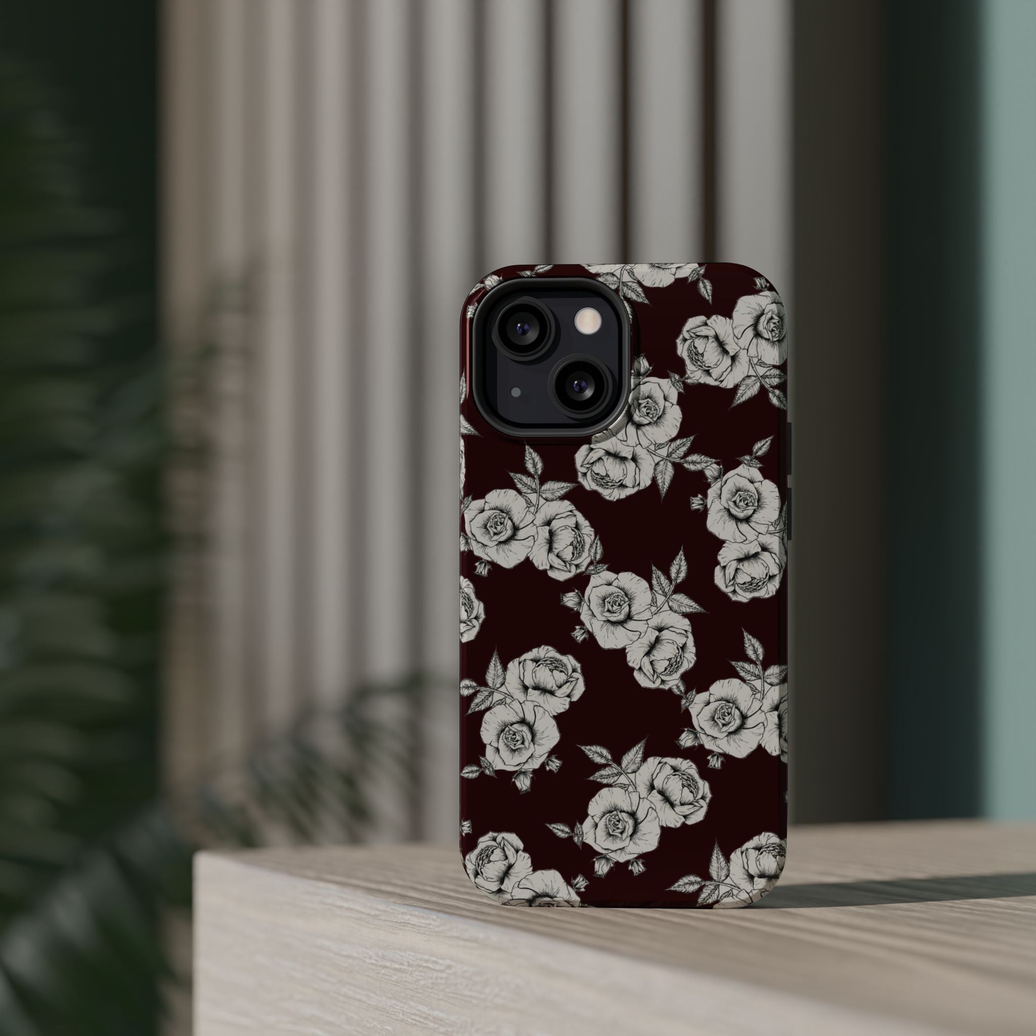 Rose Pattern Magnetic Impact-Resistant Phone Case — Burgundy Floral Protective Cover