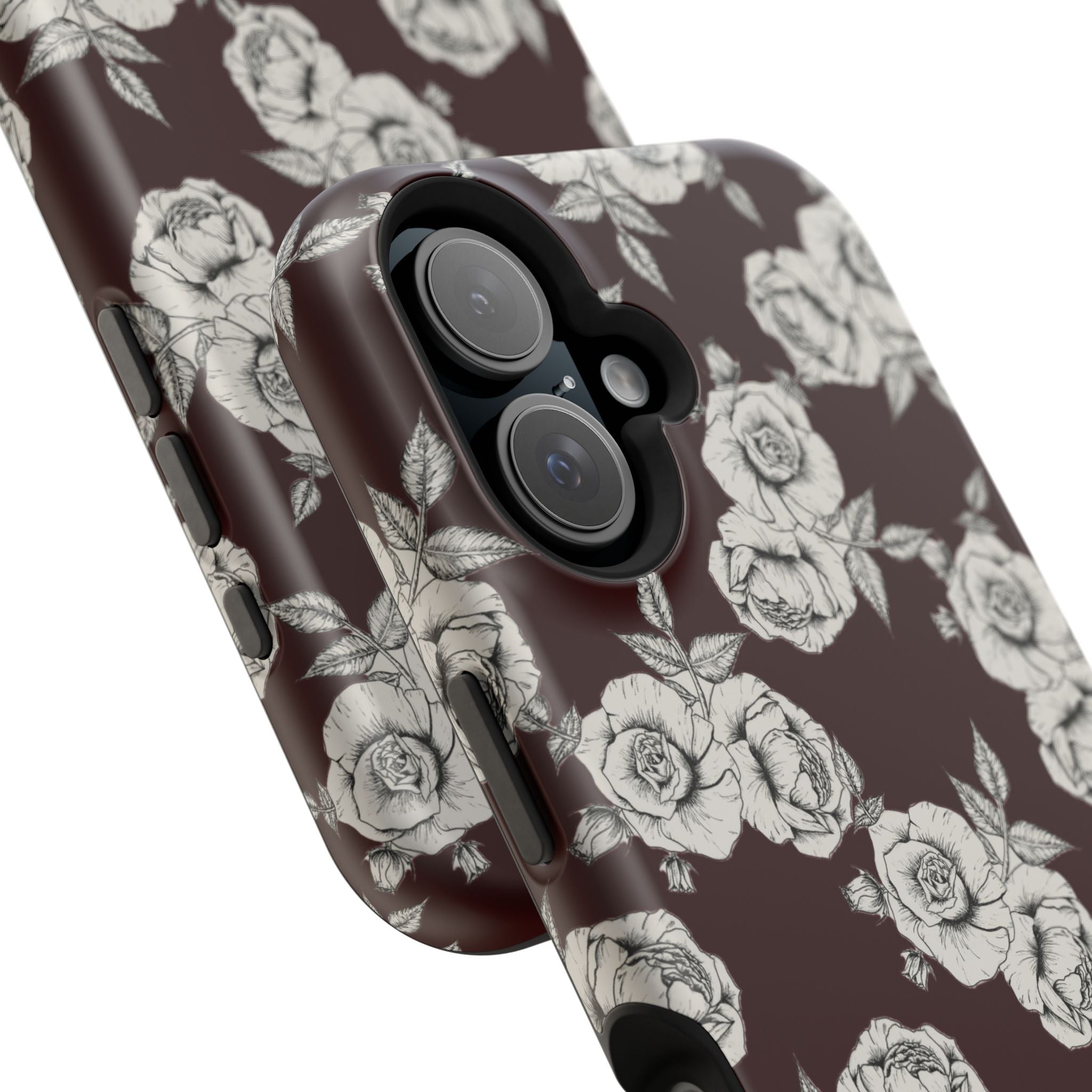Rose Pattern Magnetic Impact-Resistant Phone Case — Burgundy Floral Protective Cover