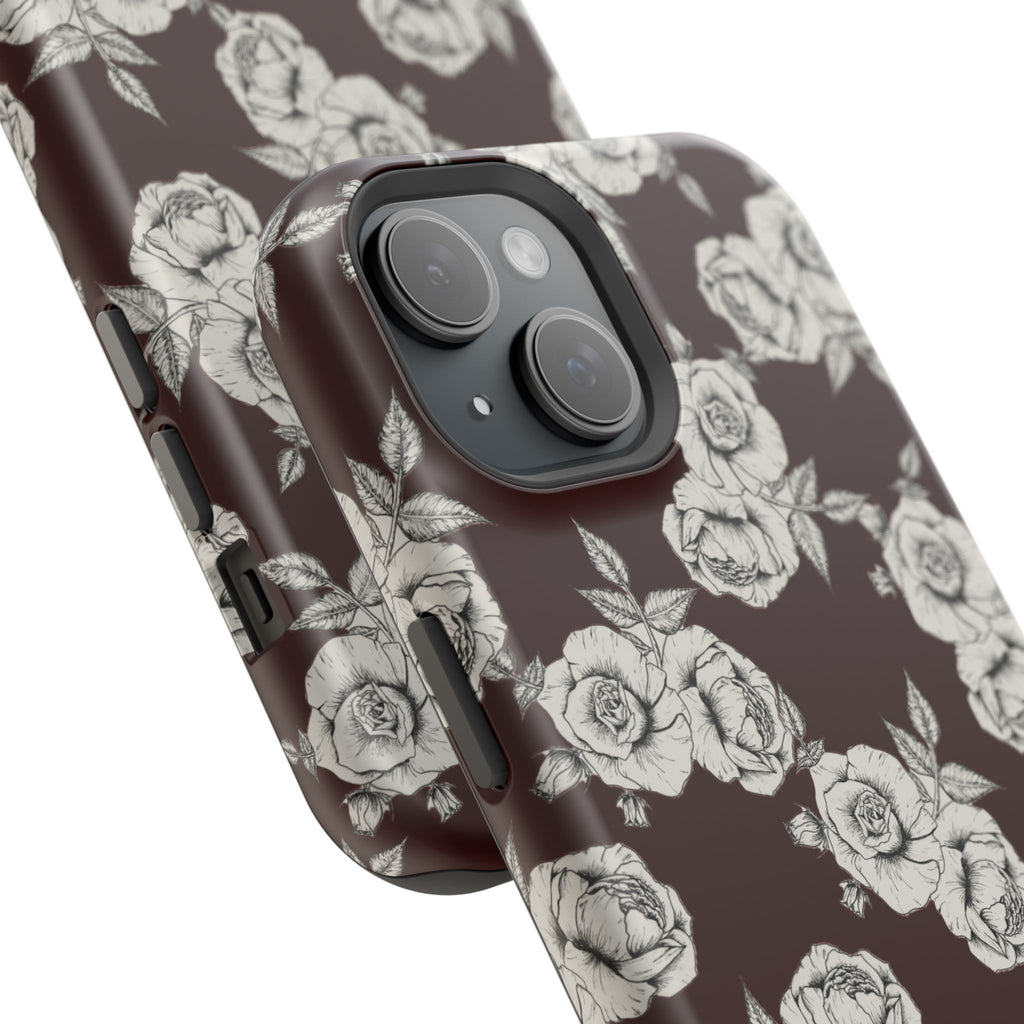 Rose Pattern Magnetic Impact-Resistant Phone Case — Burgundy Floral Protective Cover