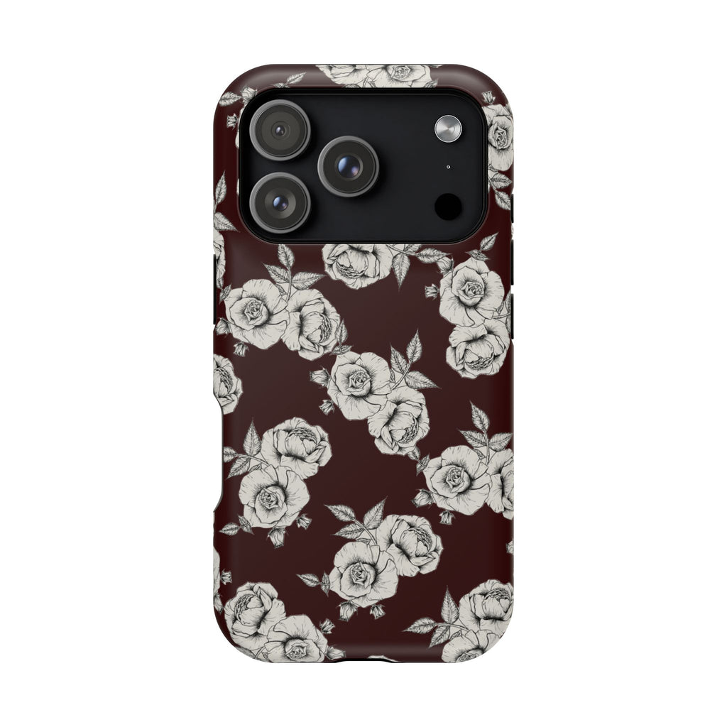 Rose Pattern Magnetic Impact-Resistant Phone Case — Burgundy Floral Protective Cover