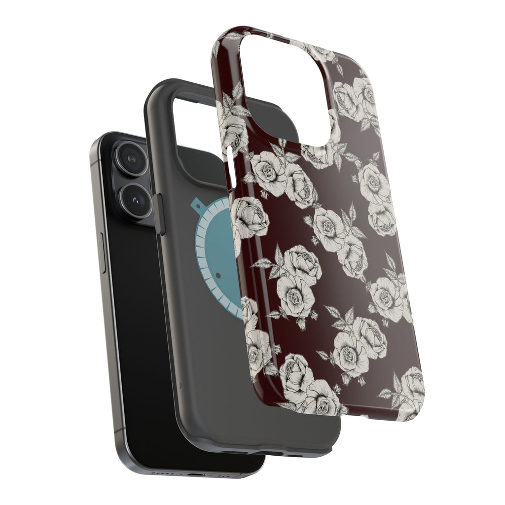 Rose Pattern Magnetic Impact-Resistant Phone Case — Burgundy Floral Protective Cover