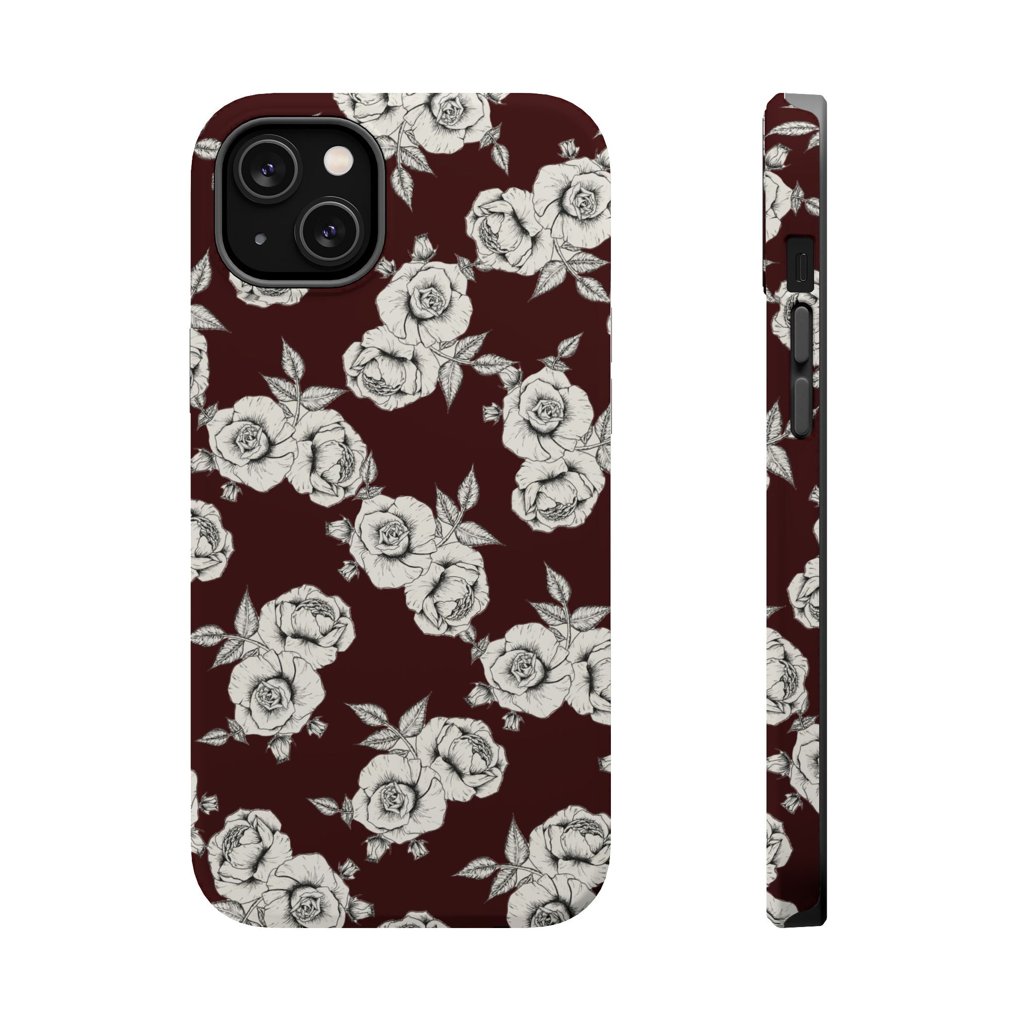 Rose Pattern Magnetic Impact-Resistant Phone Case — Burgundy Floral Protective Cover