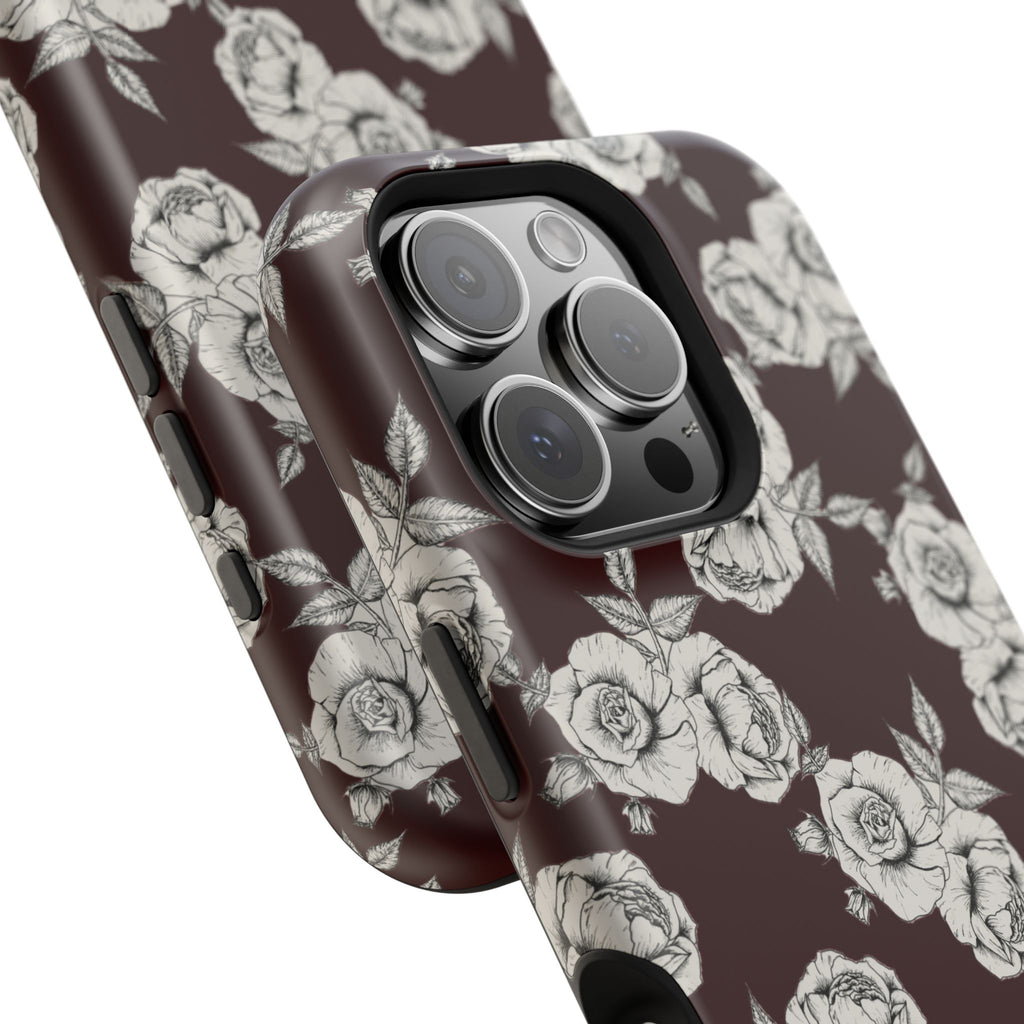 Rose Pattern Magnetic Impact-Resistant Phone Case — Burgundy Floral Protective Cover
