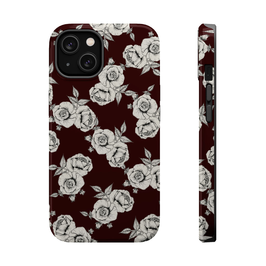 Rose Pattern Magnetic Impact-Resistant Phone Case — Burgundy Floral Protective Cover