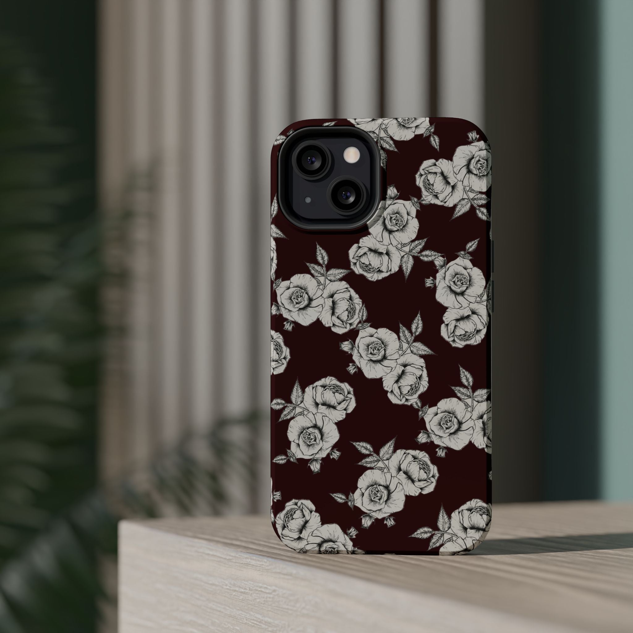 Rose Pattern Magnetic Impact-Resistant Phone Case — Burgundy Floral Protective Cover