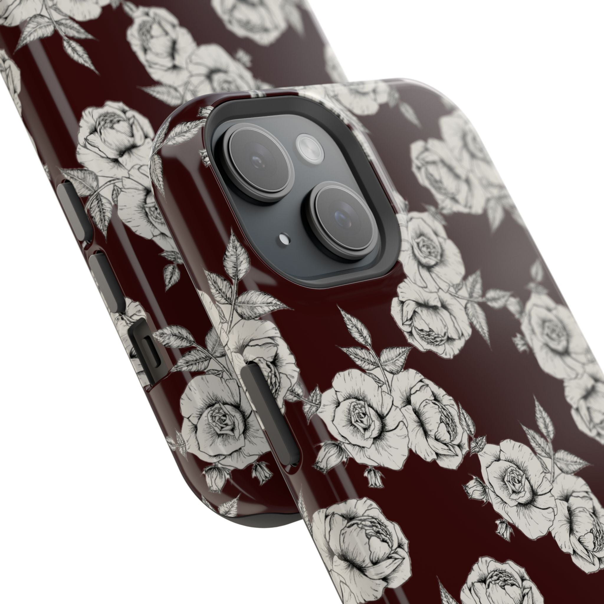 Rose Pattern Magnetic Impact-Resistant Phone Case — Burgundy Floral Protective Cover